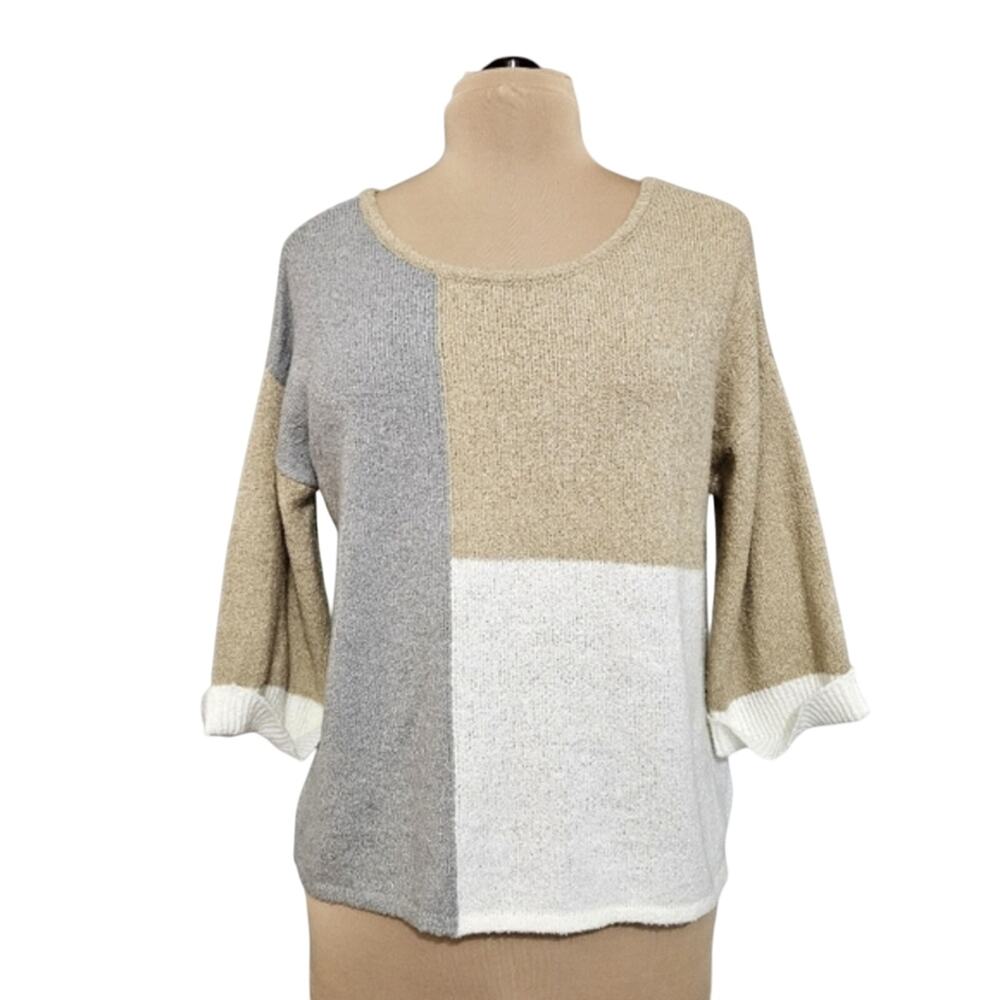 By The River Color Block 3/4 Cuffed‎ Sleeve Knit Bow Back Sweater Top Small